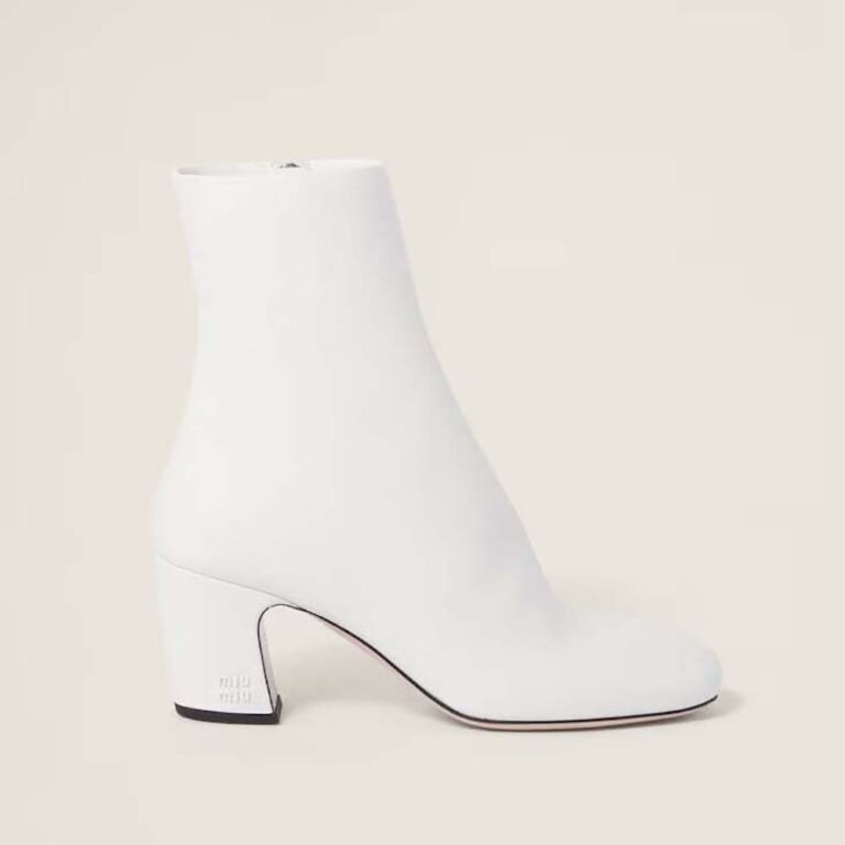 Miu Miu Women Leather Booties with Metal Lettering Logo-White