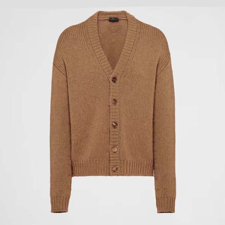 Prada Men Camel Hair Cardigan with Knit Triangle Logo