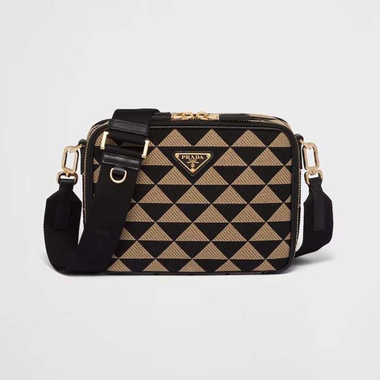 Prada Men Symbole Embroidered Fabric Bag-Beige/Black
