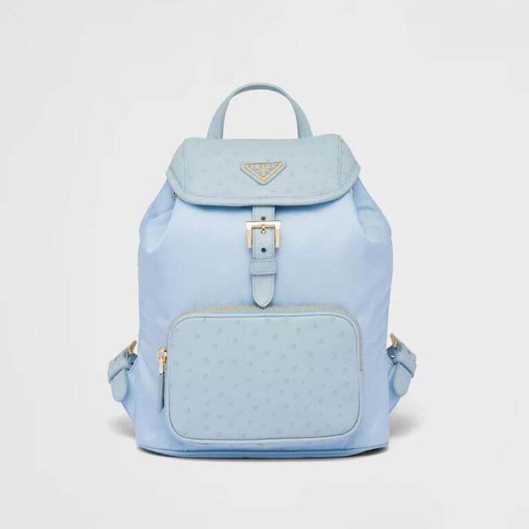 Prada Women Re-Nylon and Ostrich Leather Backpack-Blue