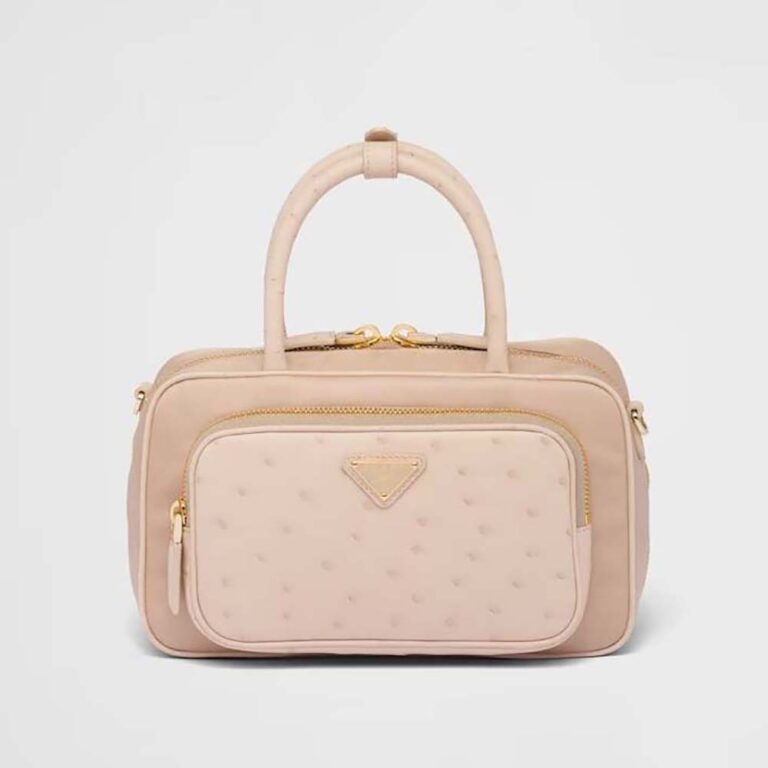 Prada Women Re-Nylon and Ostrich Leather Two-handle Bag-Pink
