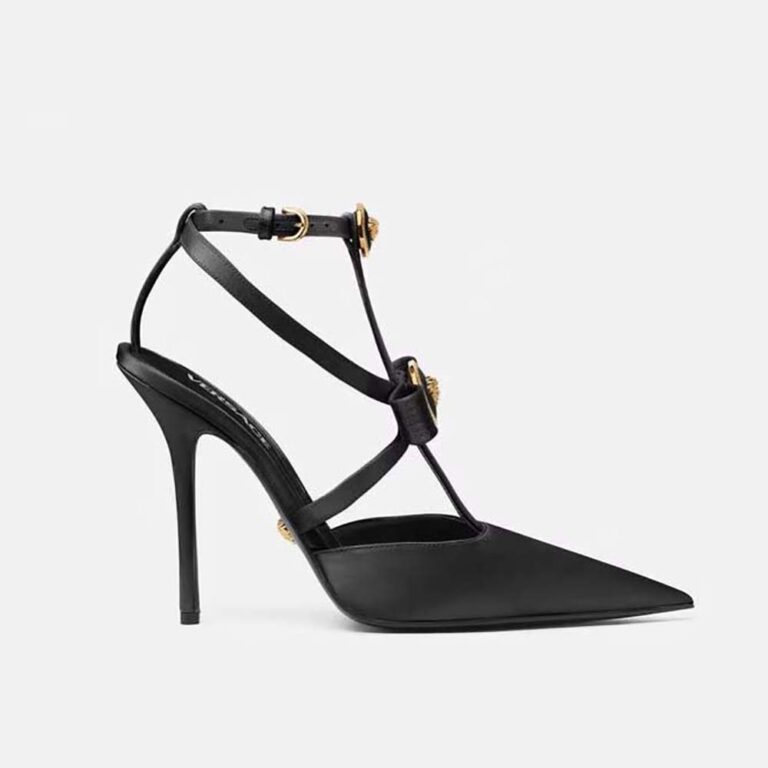 Versace Women Gianni Ribbon Cage Satin Pumps-Black