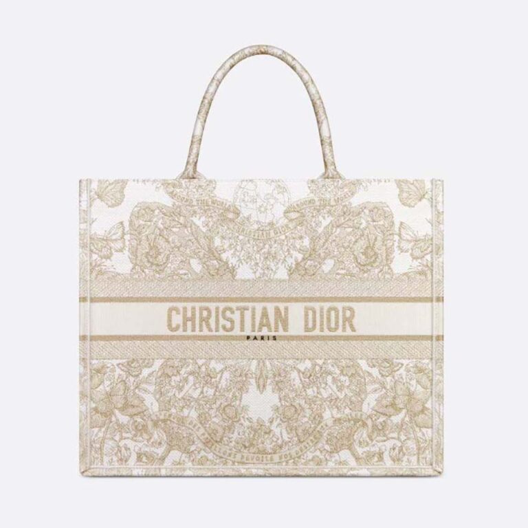 Dior Women Large Dior Book Tote Gold-Tone and White Butterfly Around The World Embroidery