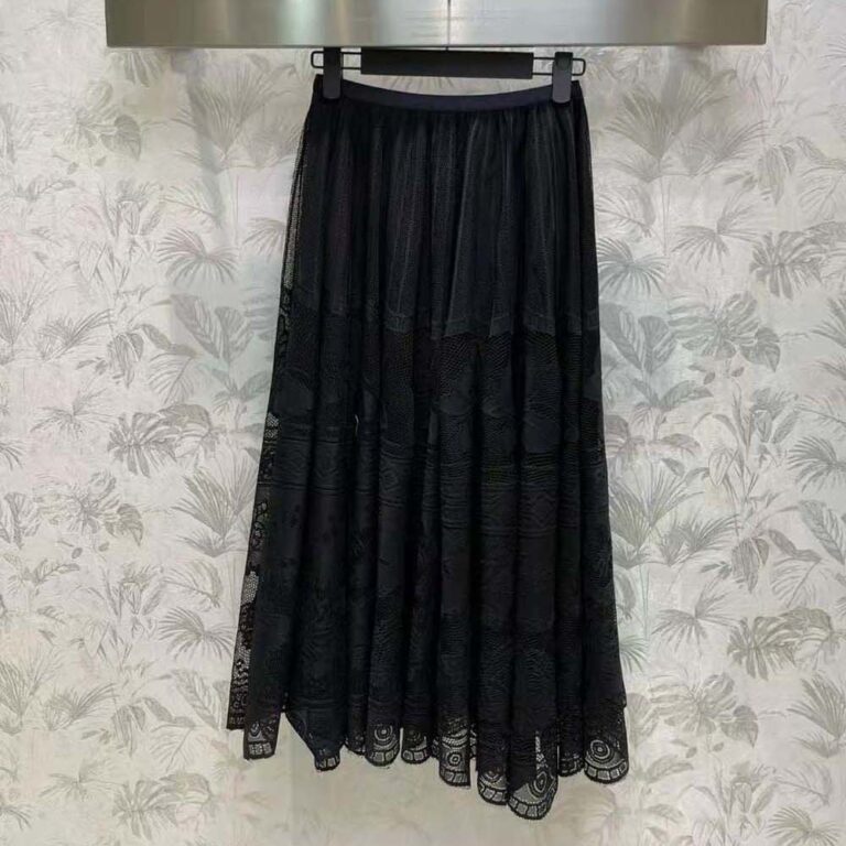 Dior Women Flared Mid-Length Skirt Black Technical Cotton Lace with D-Lace Butterfly Motif