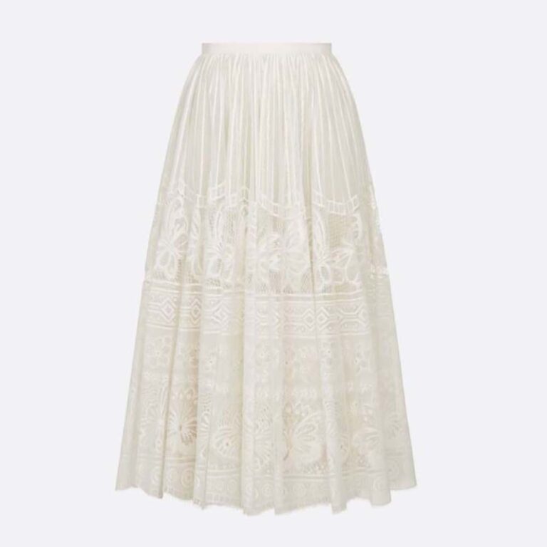 Dior Women Flared Mid-Length Skirt Ecru Technical Cotton Lace with D-Lace Butterfly Motif