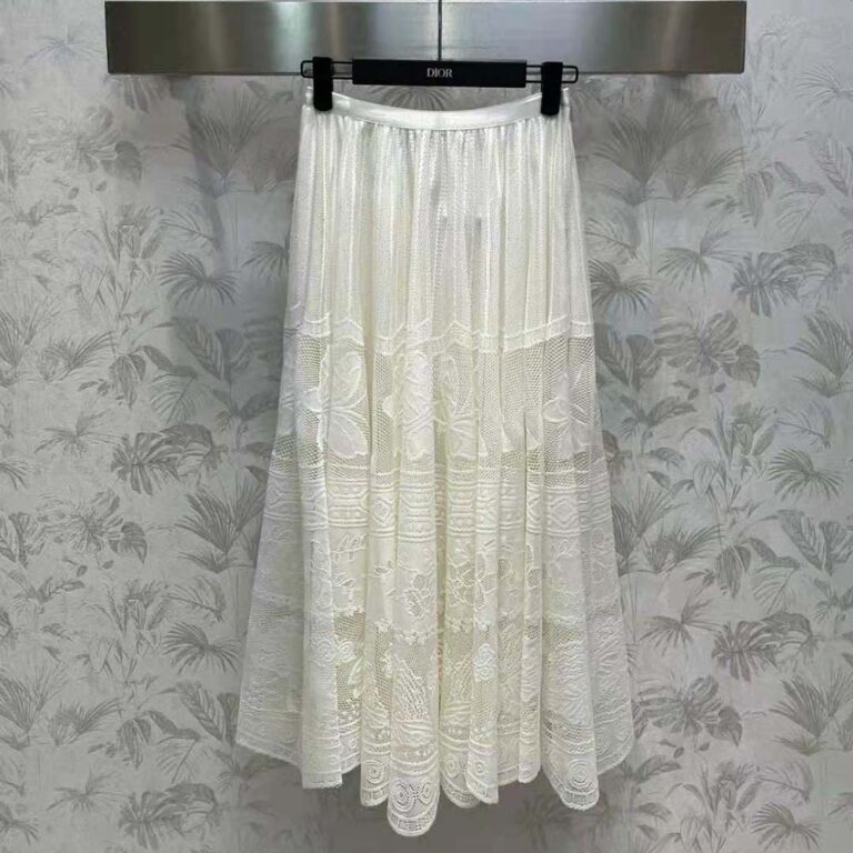 Dior Women Flared Mid-Length Skirt Ecru Technical Cotton Lace with D-Lace Butterfly Motif