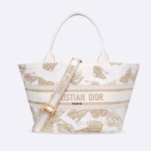 Dior Women Hat Basket Bag White and Gold-tone Gradient Butterflies Embroidery