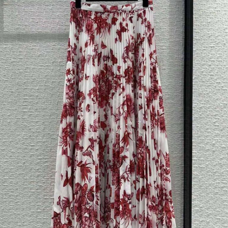 Dior Women Mid-Length Pleated Skirt White Cotton Denim with Red Toile de Jouy Mexico Motif