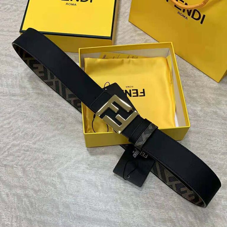 Fendi Men FF Rounded Belt Black Leather Reversible-Gold
