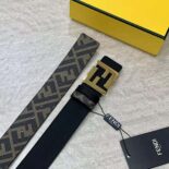 Fendi Men FF Rounded Belt Black Leather Reversible-Gold