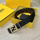 Fendi Men FF Rounded Belt Black Leather Reversible-Gold