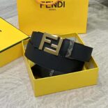 Fendi Men FF Rounded Belt Black Leather Reversible-Gold