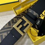 Fendi Men FF Rounded Belt Black Leather Reversible-Gold