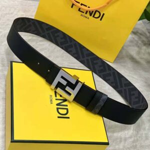 Fendi Men FF Rounded Belt Black Leather Reversible-Silver