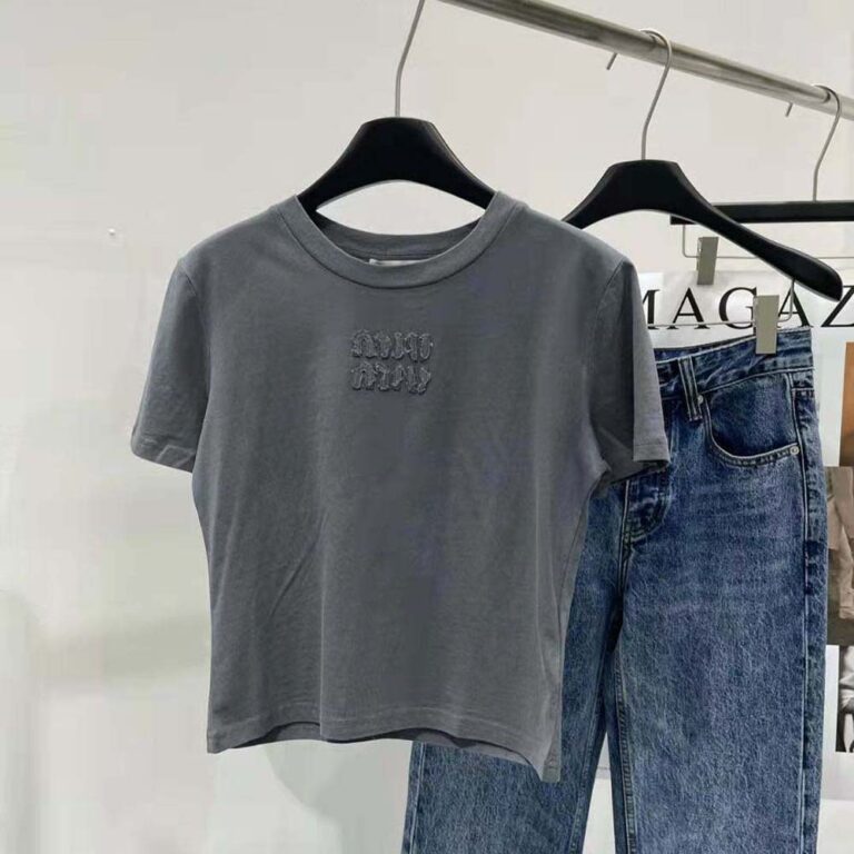 Miu Miu Women Garment-dyed Jersey T-shirt with Embroidered Logo
