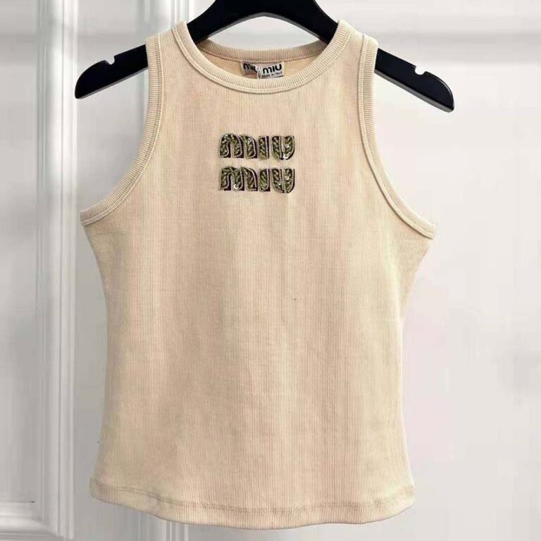 Miu Miu Women Ribbed Jersey Top with Embroidered Logo-Beige