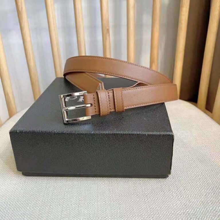 Prada Unisex N Leather Belt with Enameled-metal Triangle Logo-Brown F0046