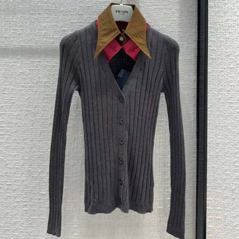 Prada Women Cashmere and Silk Cardigan with Collar-Gray