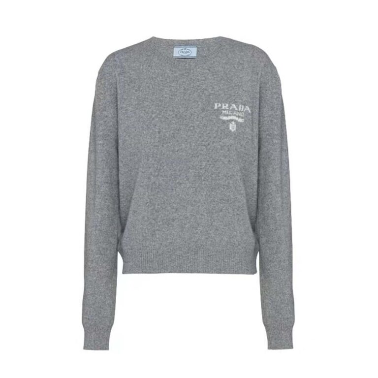 Prada Women Cashmere and Silk Sweater With Intarsia Logo-Silver P24S1L