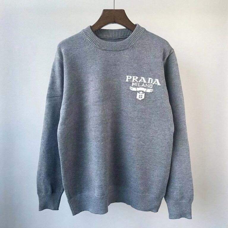 Prada Women Cashmere and Silk Sweater With Intarsia Logo-Silver P24S1L