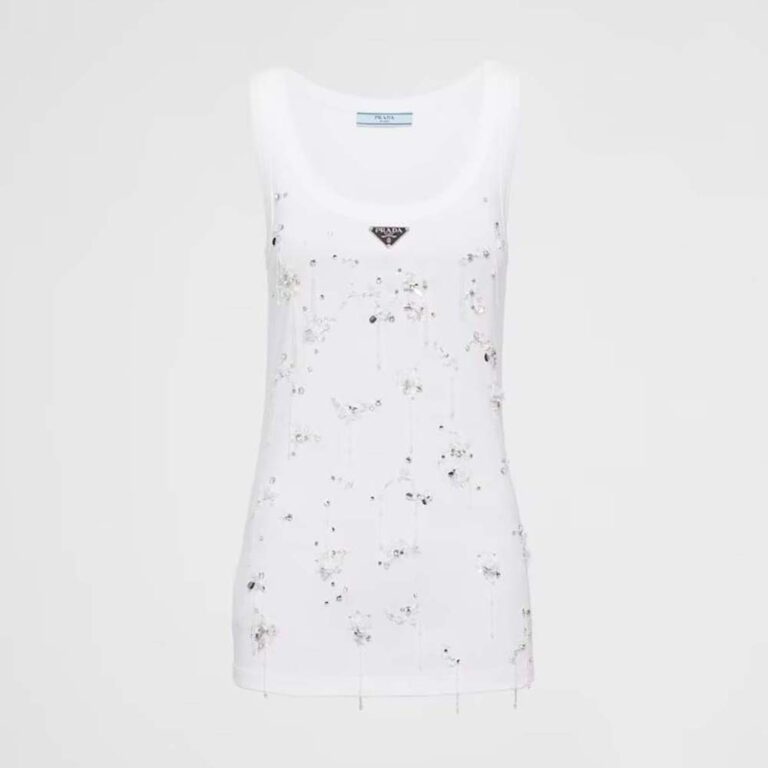 Prada Women Ribbed Knit Jersey Top with Embroidery 39546R