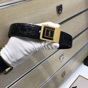 Saint Laurent YSL Women La 66 Buckle Belt in Crocodile-embossed Leather-Black