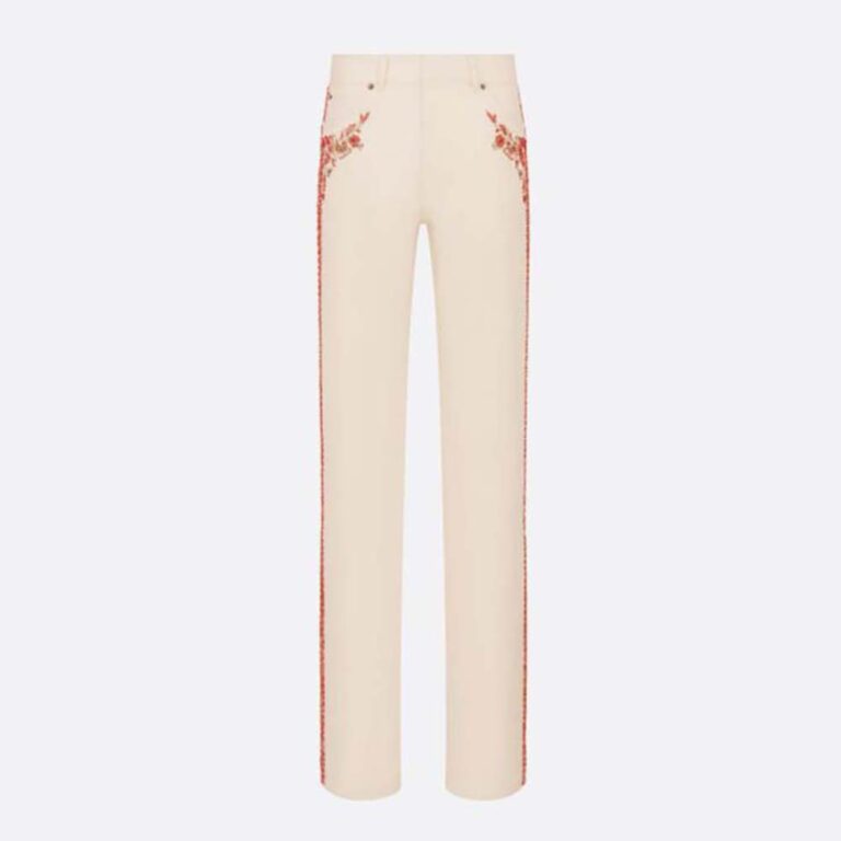 Dior Women Embroidered Fitted Jeans White Cotton Denim and Coral-Colored Beads