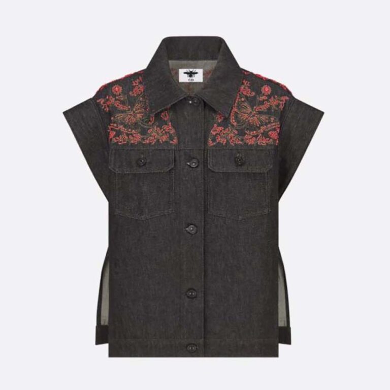 Dior Women Embroidered Jacket Black Cotton Denim and Coral-Colored Beads