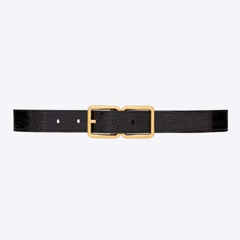Saint Laurent YSL Women Double Buckle Belt in Crocodile-embossed Leather