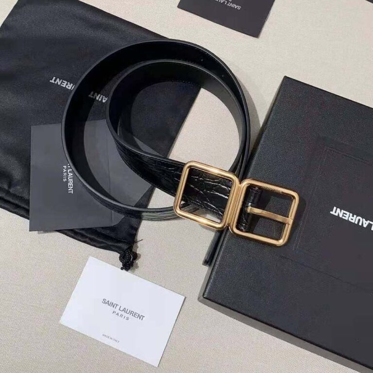 Saint Laurent YSL Women Double Buckle Belt in Crocodile-embossed Leather