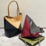 Loewe Unisex Puzzle Fold Tote in Shiny Calfskin-Black A779V25X07