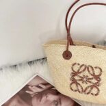Loewe Women Small Anagram Basket Bag in Iraca Palm and Calfskin A223P65X01