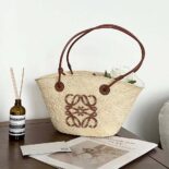 Loewe Women Small Anagram Basket Bag in Iraca Palm and Calfskin A223P65X01