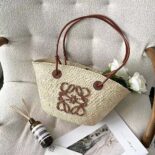 Loewe Women Small Anagram Basket Bag in Iraca Palm and Calfskin A223P65X01
