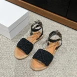 Celine Women Lympia Sandal in Triomphe Maccramé Cotton & Calfskin-Black