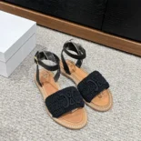 Celine Women Lympia Sandal in Triomphe Maccramé Cotton & Calfskin-Black