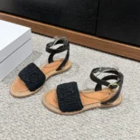 Celine Women Lympia Sandal in Triomphe Maccramé Cotton & Calfskin-Black