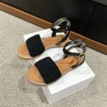 Celine Women Lympia Sandal in Triomphe Maccramé Cotton & Calfskin-Black