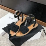 Celine Women Lympia Sandal in Triomphe Maccramé Cotton & Calfskin-Black