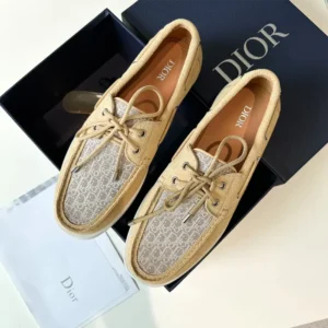 Dior Men Granville Boat Shoe Beige Suede and Beige Dior Oblique Jacquard