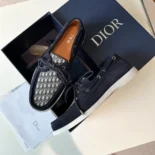 Dior Men Granville Boat Shoe Navy Blue Suede with Beige and Black Dior Oblique Jacquard