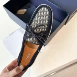 Dior Men Granville Boat Shoe Navy Blue Suede with Beige and Black Dior Oblique Jacquard
