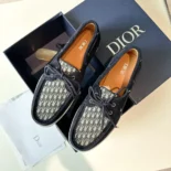 Dior Men Granville Boat Shoe Navy Blue Suede with Beige and Black Dior Oblique Jacquard