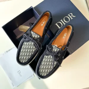 Dior Men Granville Boat Shoe Navy Blue Suede with Beige and Black Dior Oblique Jacquard
