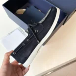 Dior Men Granville Boat Shoe Navy Blue Suede with Beige and Black Dior Oblique Jacquard