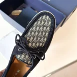 Dior Men Granville Boat Shoe Navy Blue Suede with Beige and Black Dior Oblique Jacquard