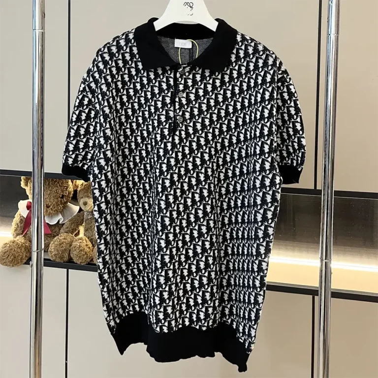Dior Men Oblique Polo Shirt Beige Blue and Black Cotton Jacquard