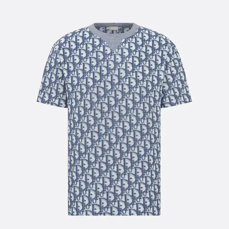 Dior Men Oblique Relaxed-Fit T-Shirt Blue and White Terry Cotton Jersey