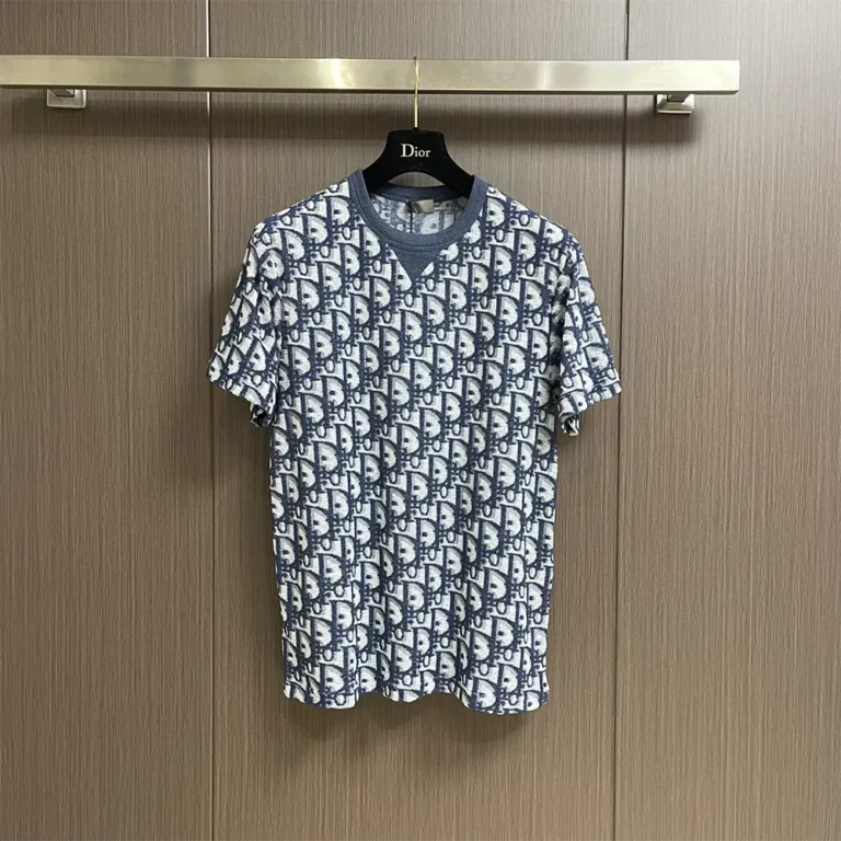Dior Men Oblique Relaxed-Fit T-Shirt Blue and White Terry Cotton Jersey