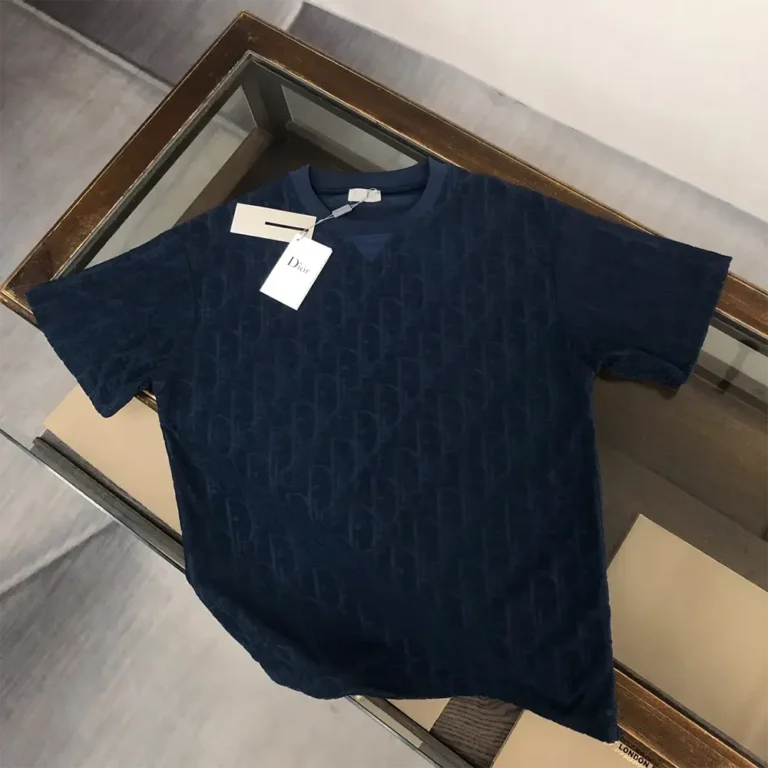 Dior Men Oblique Relaxed-Fit T-Shirt Navy Blue Terry Cotton Jacquard